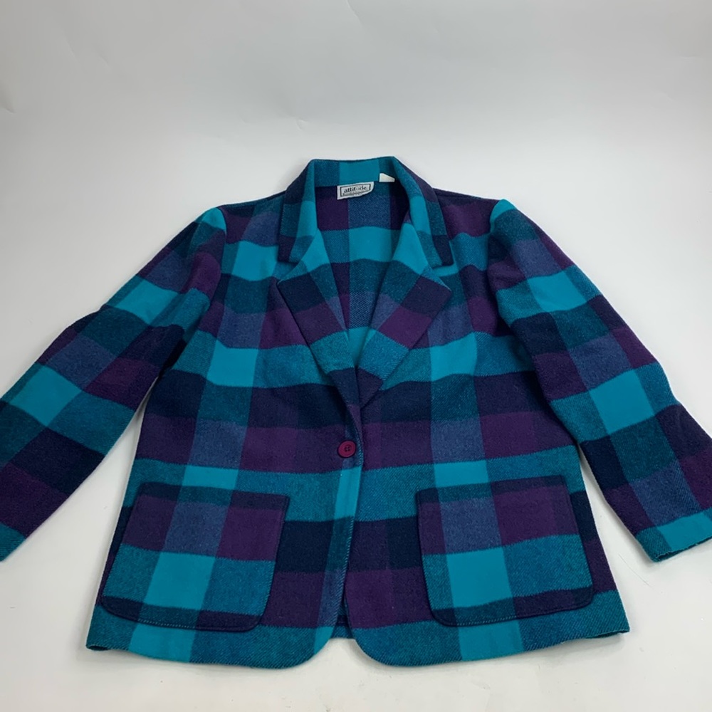 Vintage Wool plaid color block blazer jacket coat Made USA Size 10 Blue purple